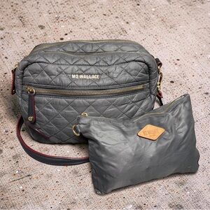 MZ Wallace Crosby Crossbody Magnet Gray w/ Pouch Quilted Nylon EUC